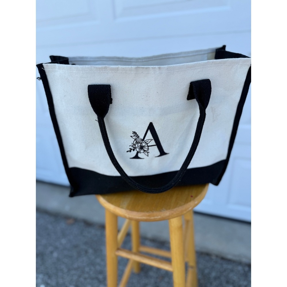 Canvas Monogram A Floral Tote Bag Black Cream Colorblock Shoulder Bag Zip Top‎